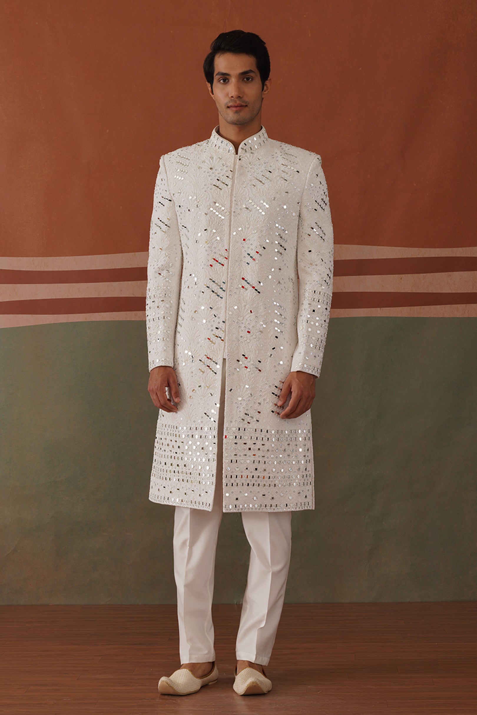 Kyran - Real Mirror Work Sherwani Set White