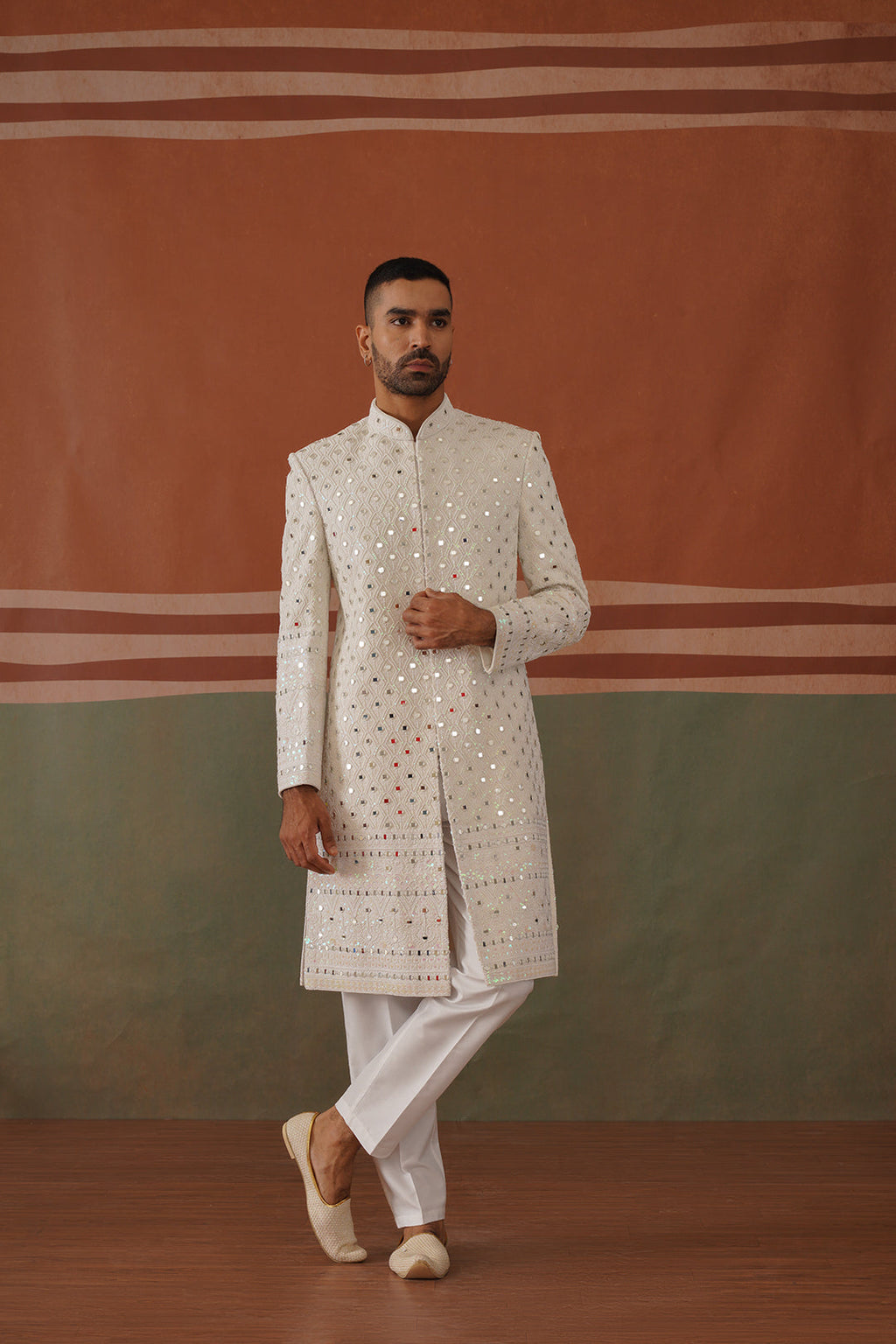 Zafar - Real Mirror Work Sherwani Set Pearl White