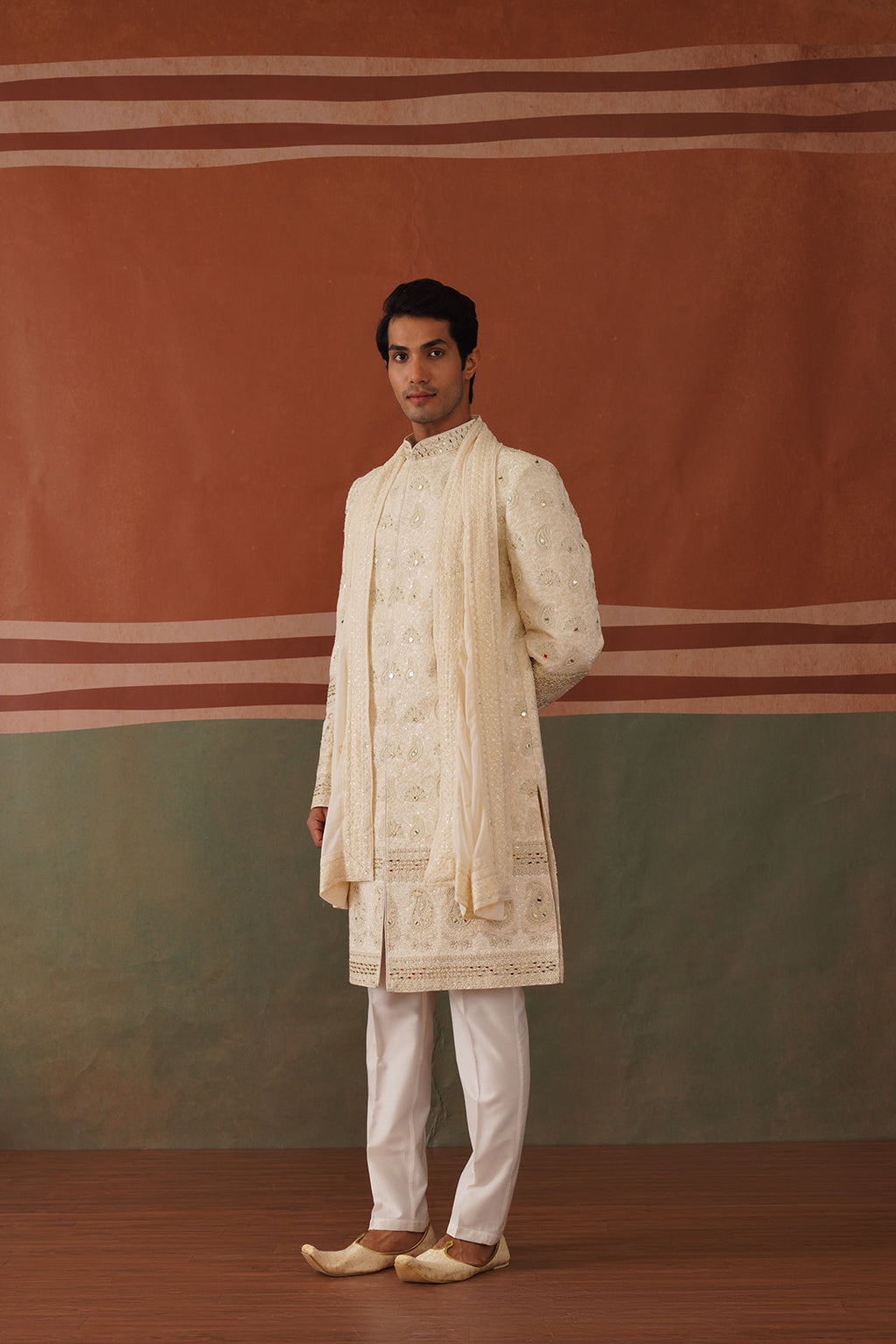 Shayan - Real Mirror Work Sherwani Set in Cream