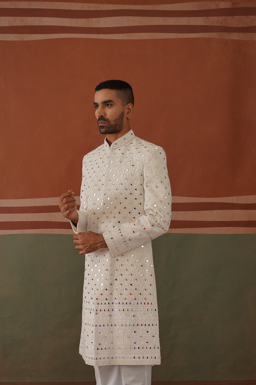 Zafar - Real Mirror Work Sherwani Set Pearl White