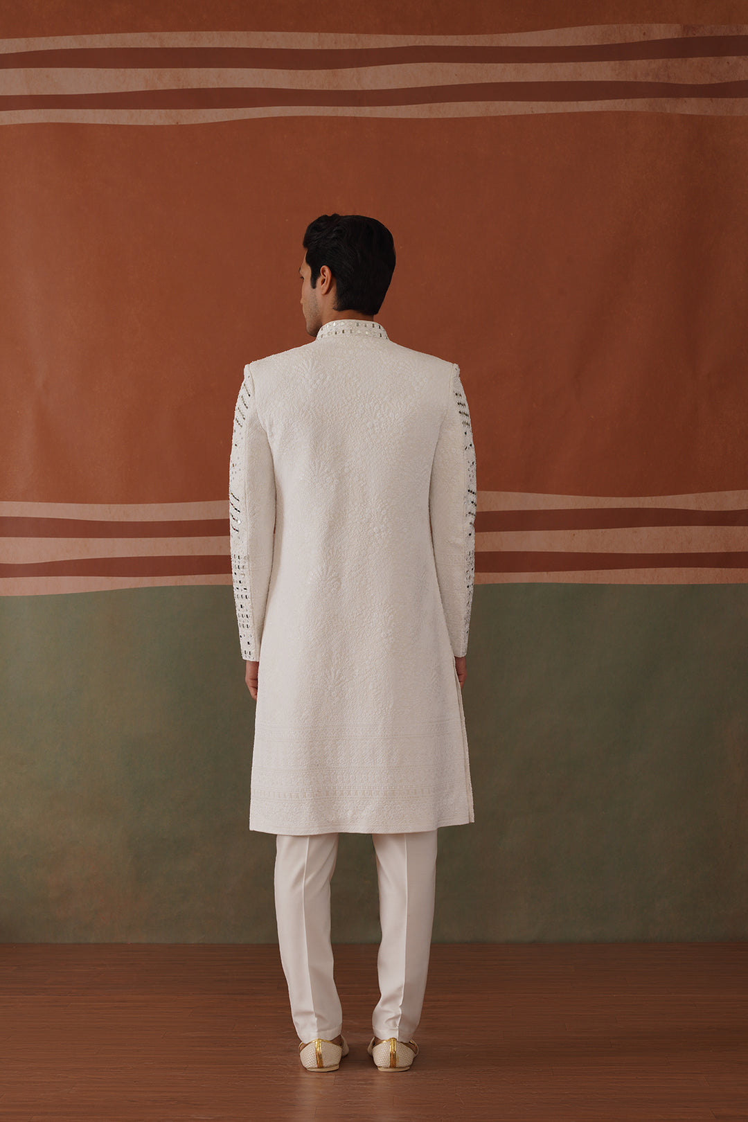 Kyran - Real Mirror Work Sherwani Set White