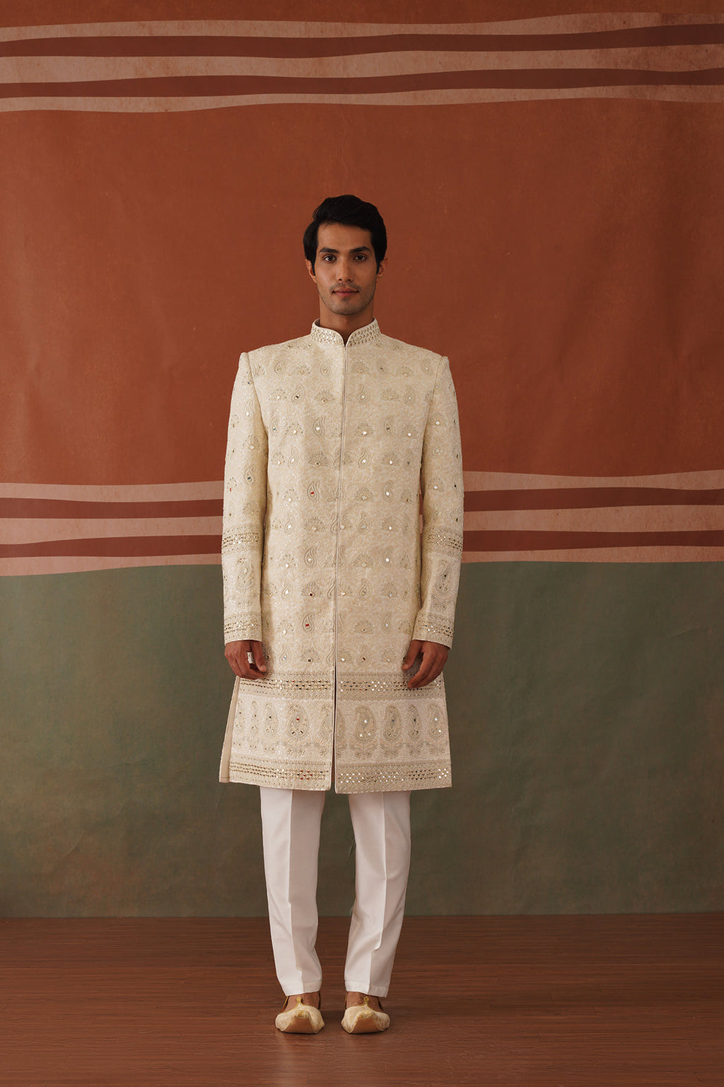 Shayan - Real Mirror Work Sherwani Set in Cream
