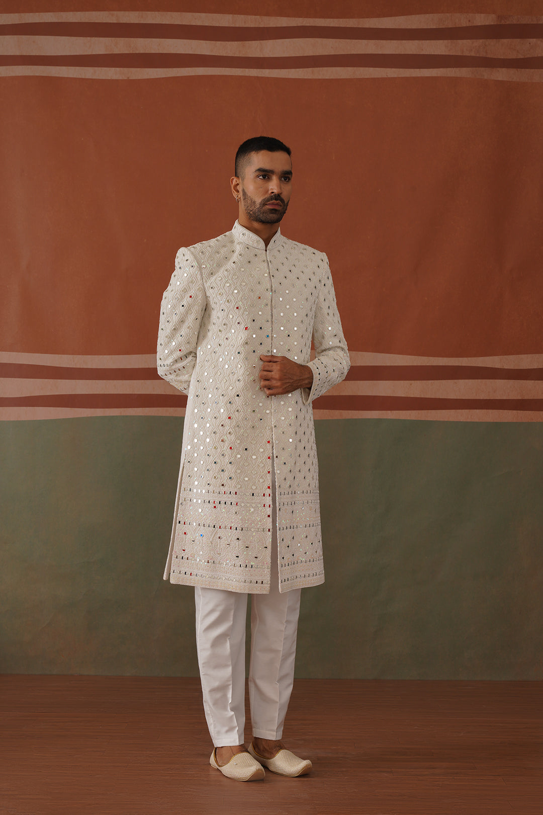 Zafar - Real Mirror Work Sherwani Set Pearl White