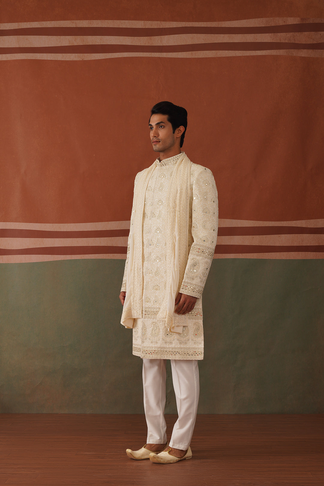 Shayan - Real Mirror Work Sherwani Set in Cream