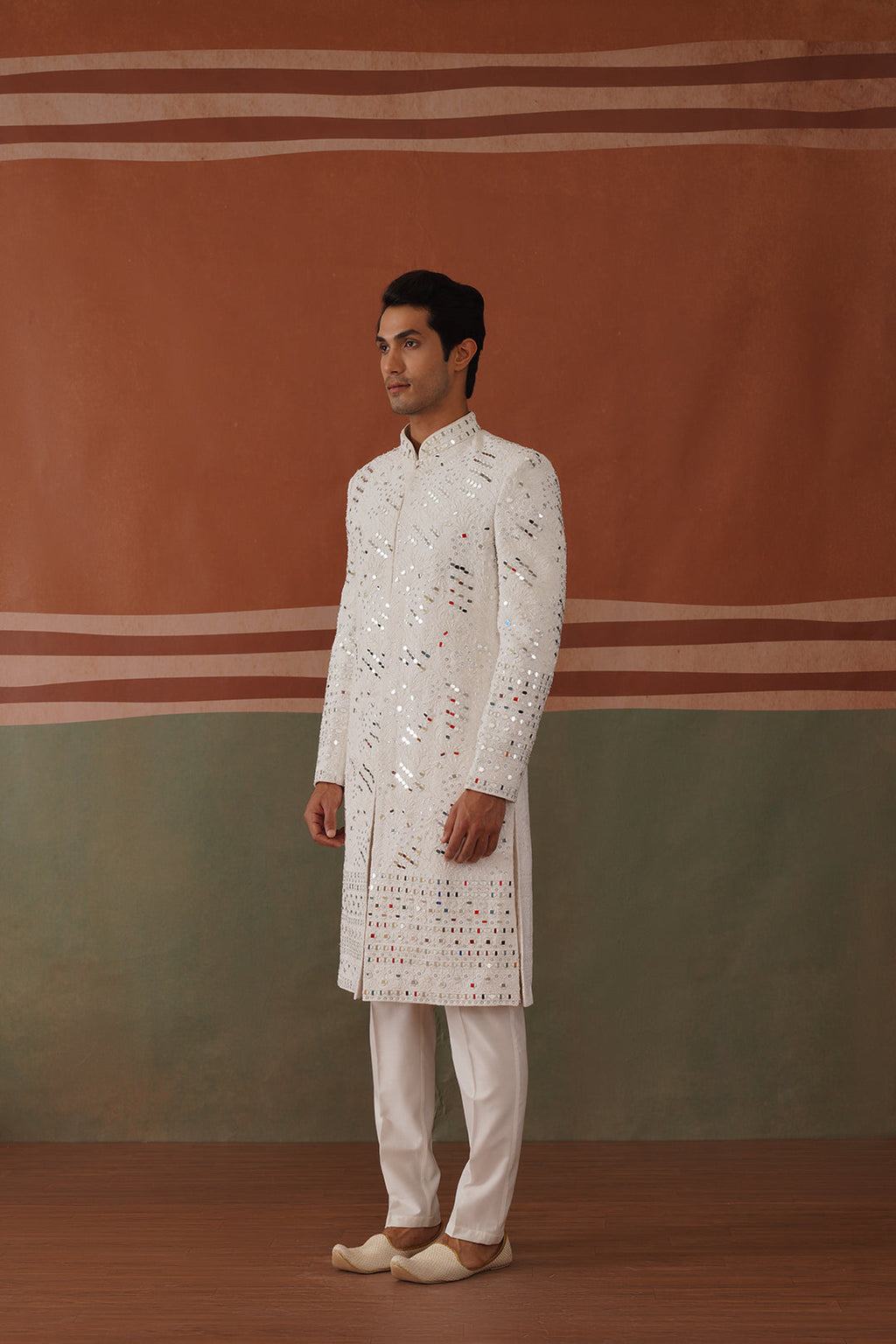 Kyran - Real Mirror Work Sherwani Set White