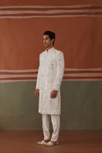 Kyran - Real Mirror Work Sherwani Set White