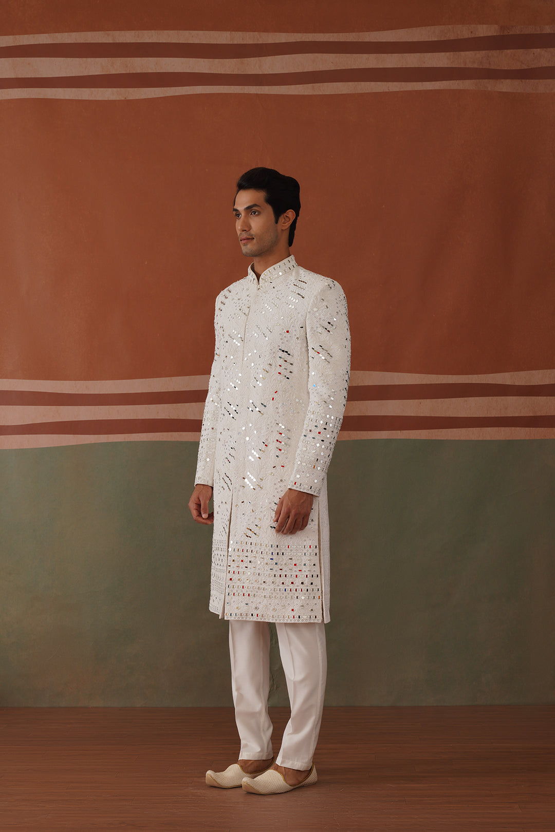 Kyran - Real Mirror Work Sherwani Set White