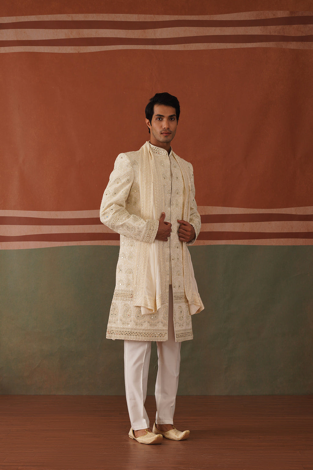 Shayan - Real Mirror Work Sherwani Set in Cream