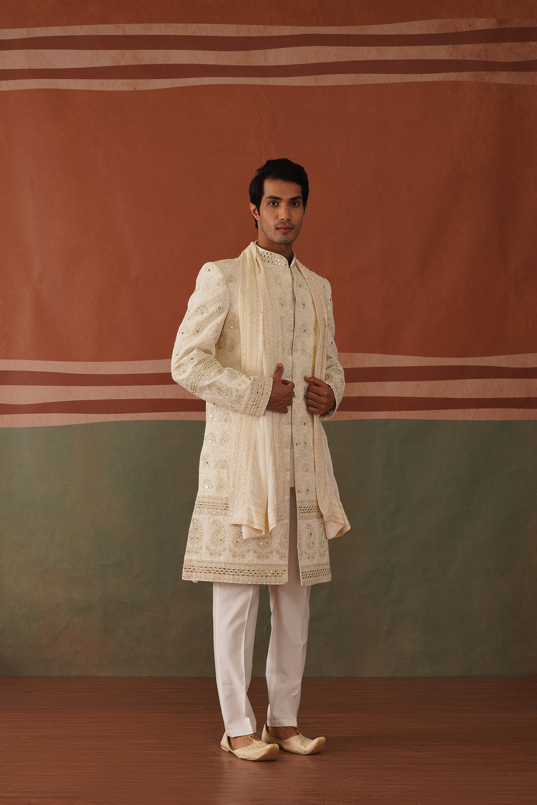 Shayan - Real Mirror Work Sherwani Set in Cream
