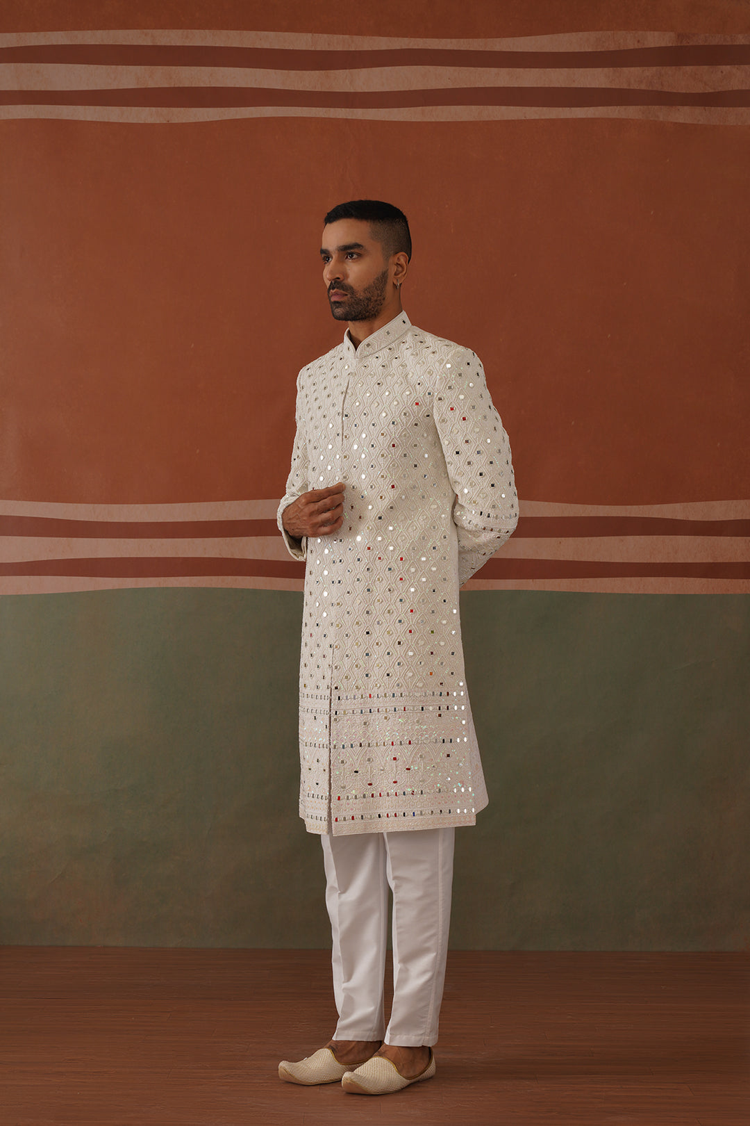 Zafar - Real Mirror Work Sherwani Set Pearl White