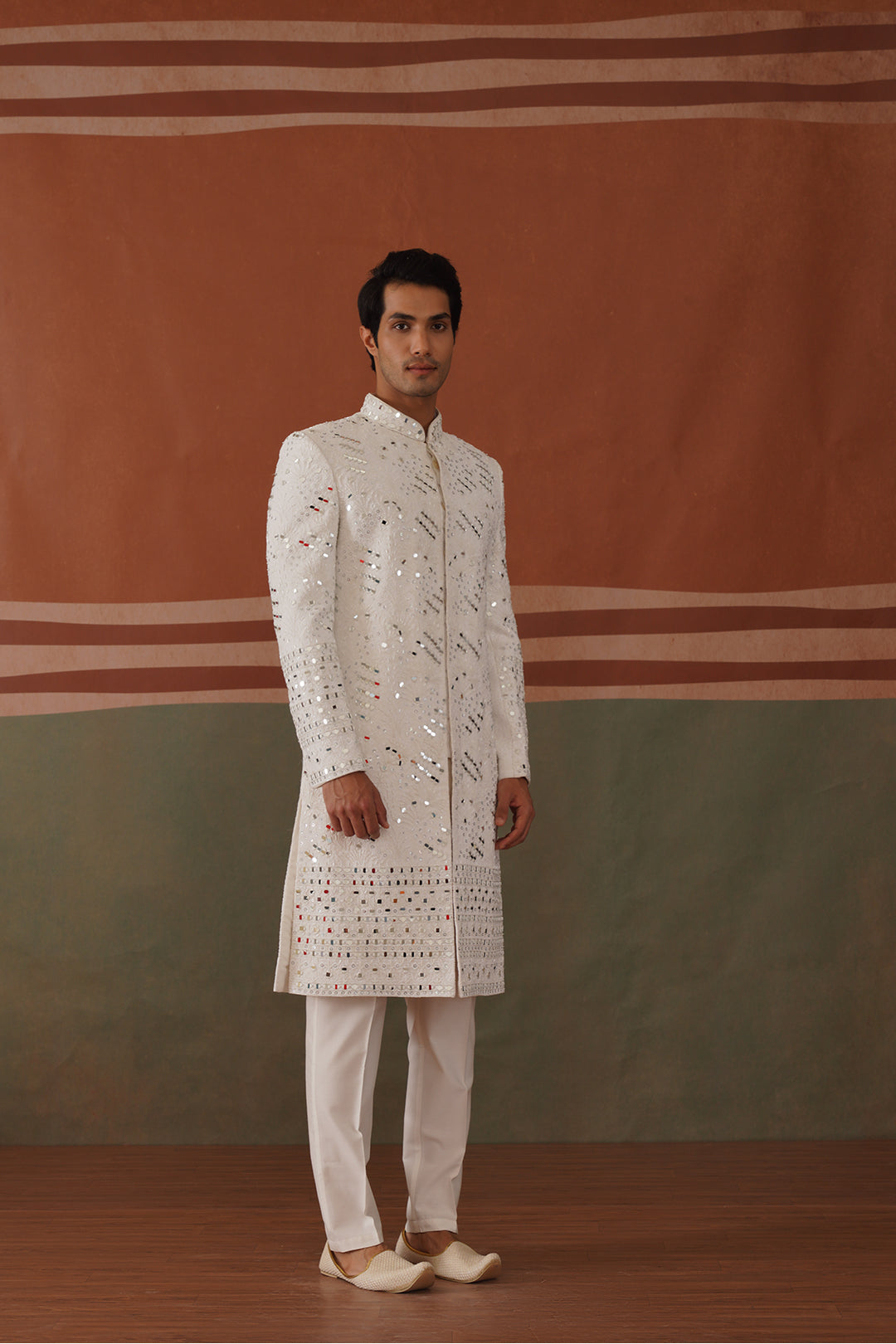 Kyran - Real Mirror Work Sherwani Set White
