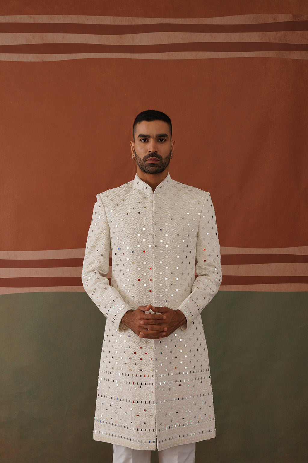 Zafar - Real Mirror Work Sherwani Set Pearl White