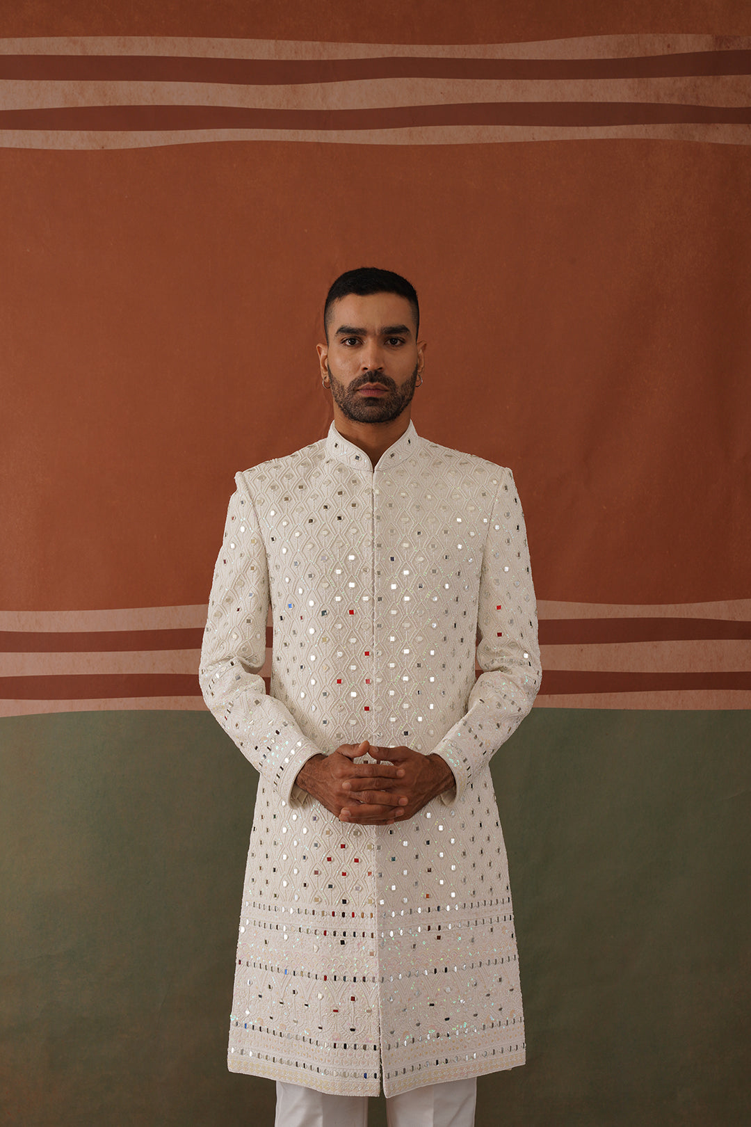 Zafar - Real Mirror Work Sherwani Set Pearl White
