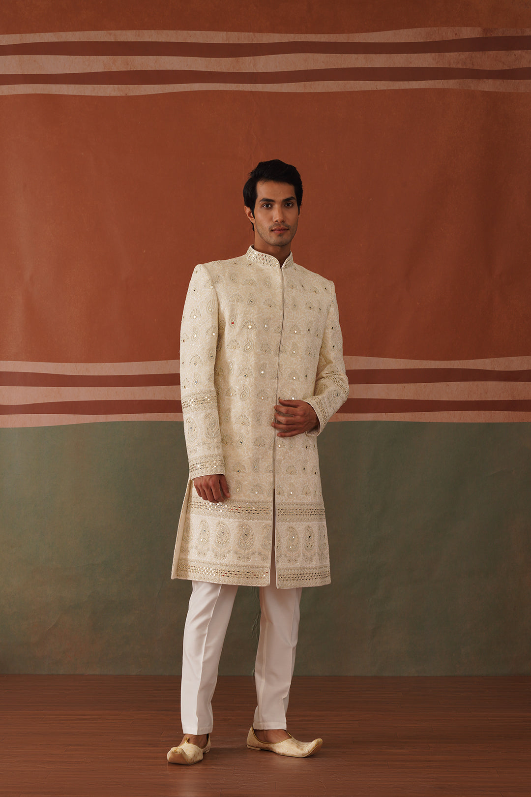 Shayan - Real Mirror Work Sherwani Set in Cream