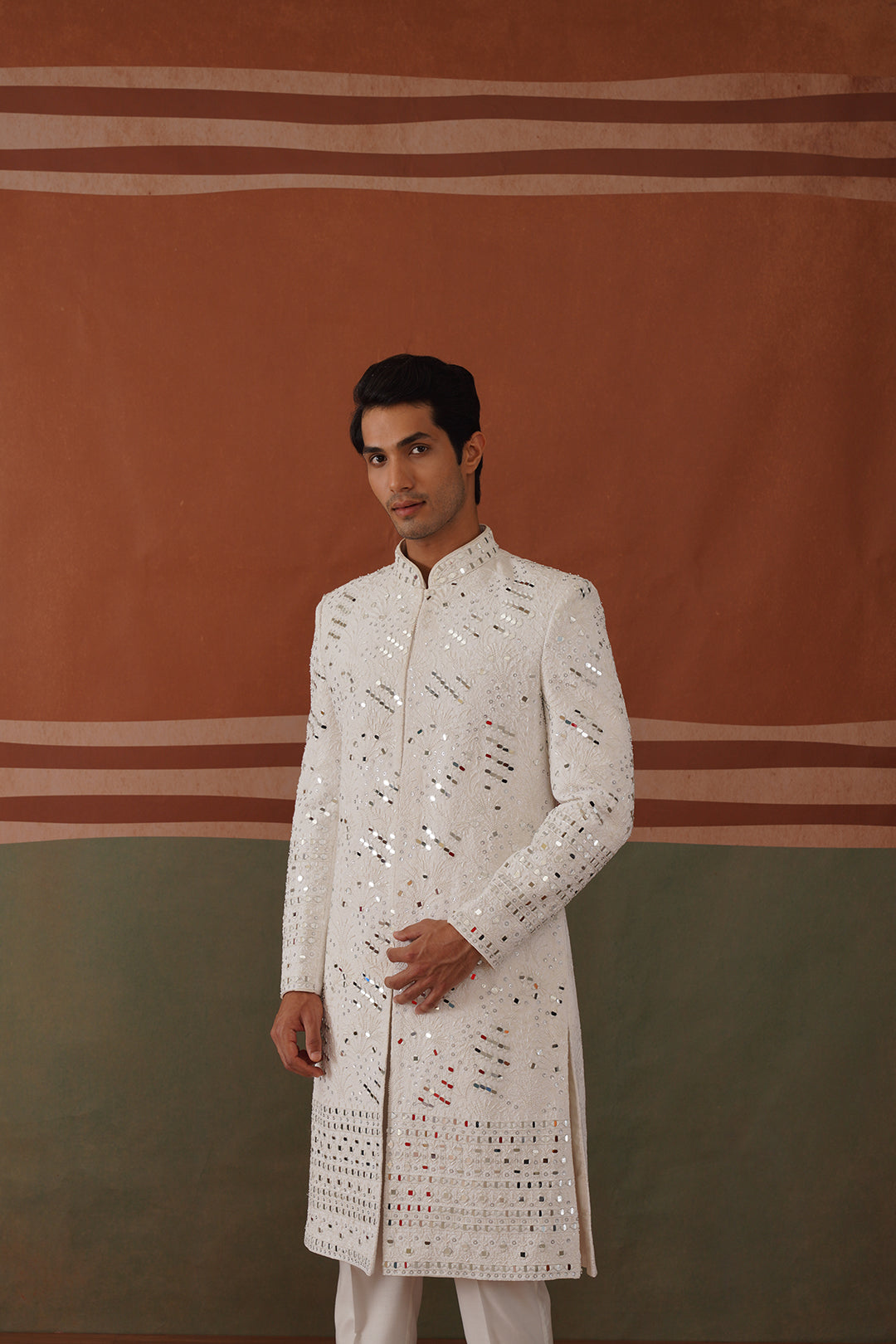 Kyran - Real Mirror Work Sherwani Set White