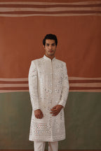 Kyran - Real Mirror Work Sherwani Set White