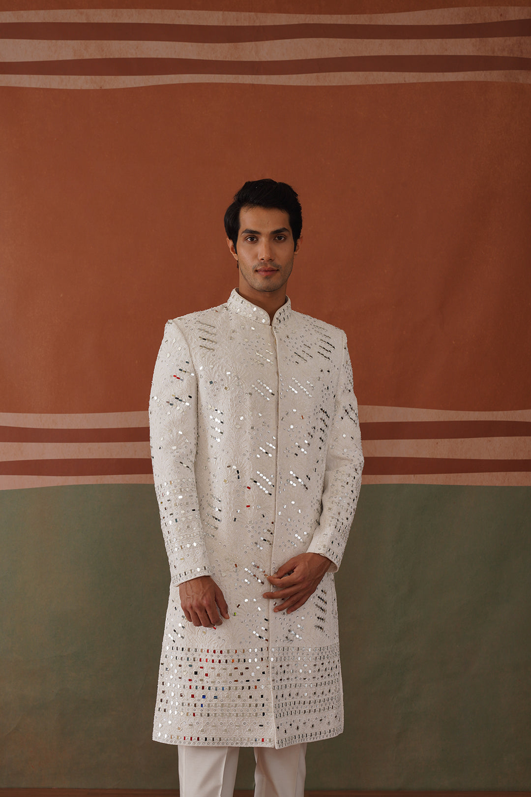 Kyran - Real Mirror Work Sherwani Set White