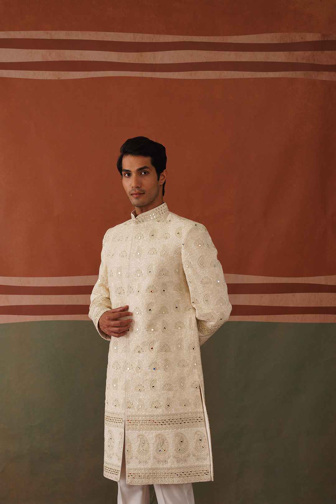 Shayan - Real Mirror Work Sherwani Set in Cream