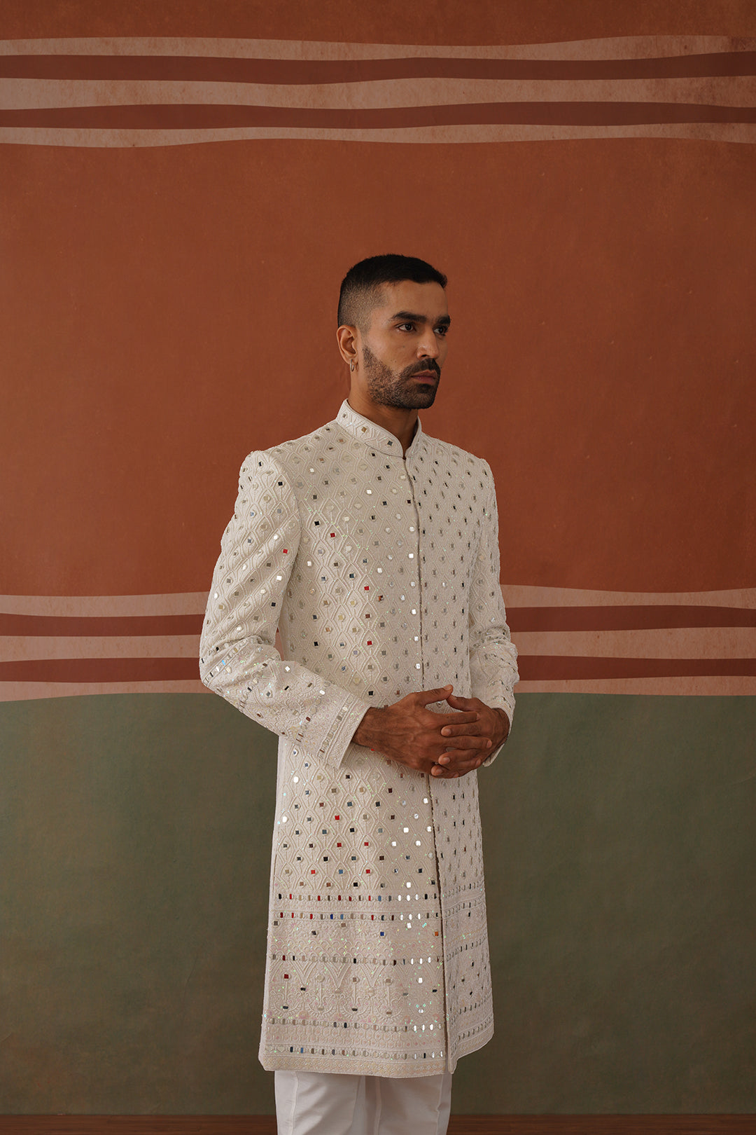 Zafar - Real Mirror Work Sherwani Set Pearl White