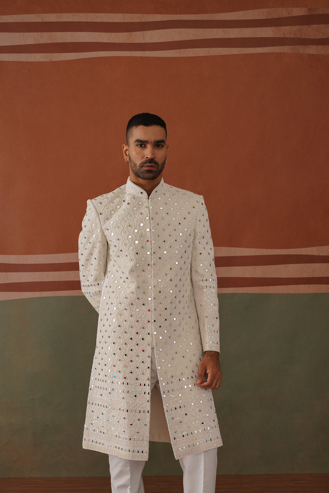 Zafar - Real Mirror Work Sherwani Set Pearl White
