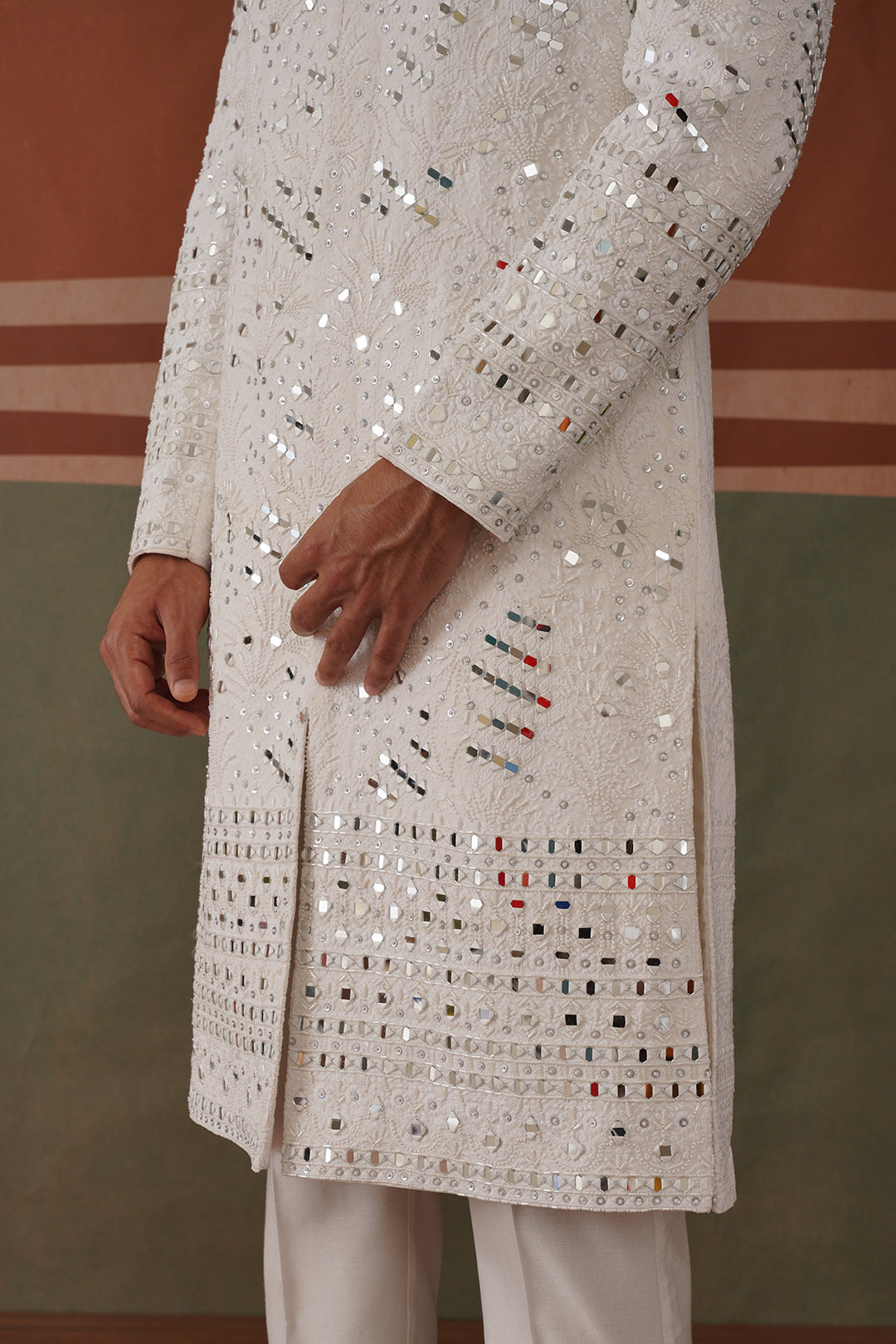 Kyran - Real Mirror Work Sherwani Set White