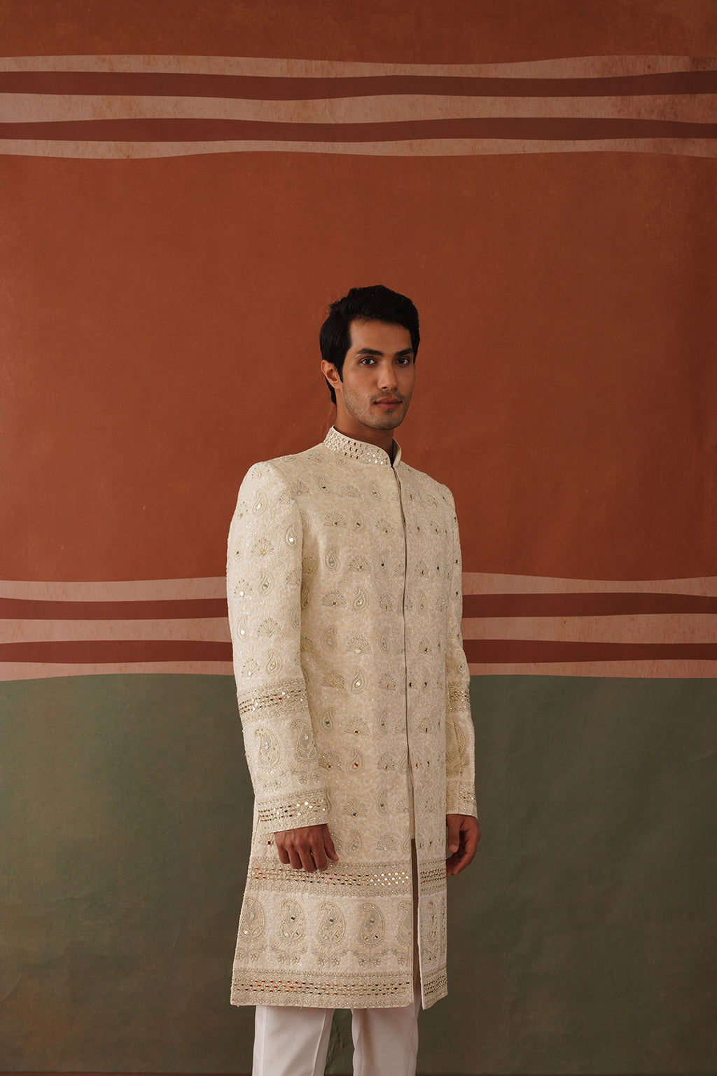 Shayan - Real Mirror Work Sherwani Set in Cream