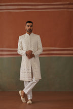 Zafar - Real Mirror Work Sherwani Set Pearl White