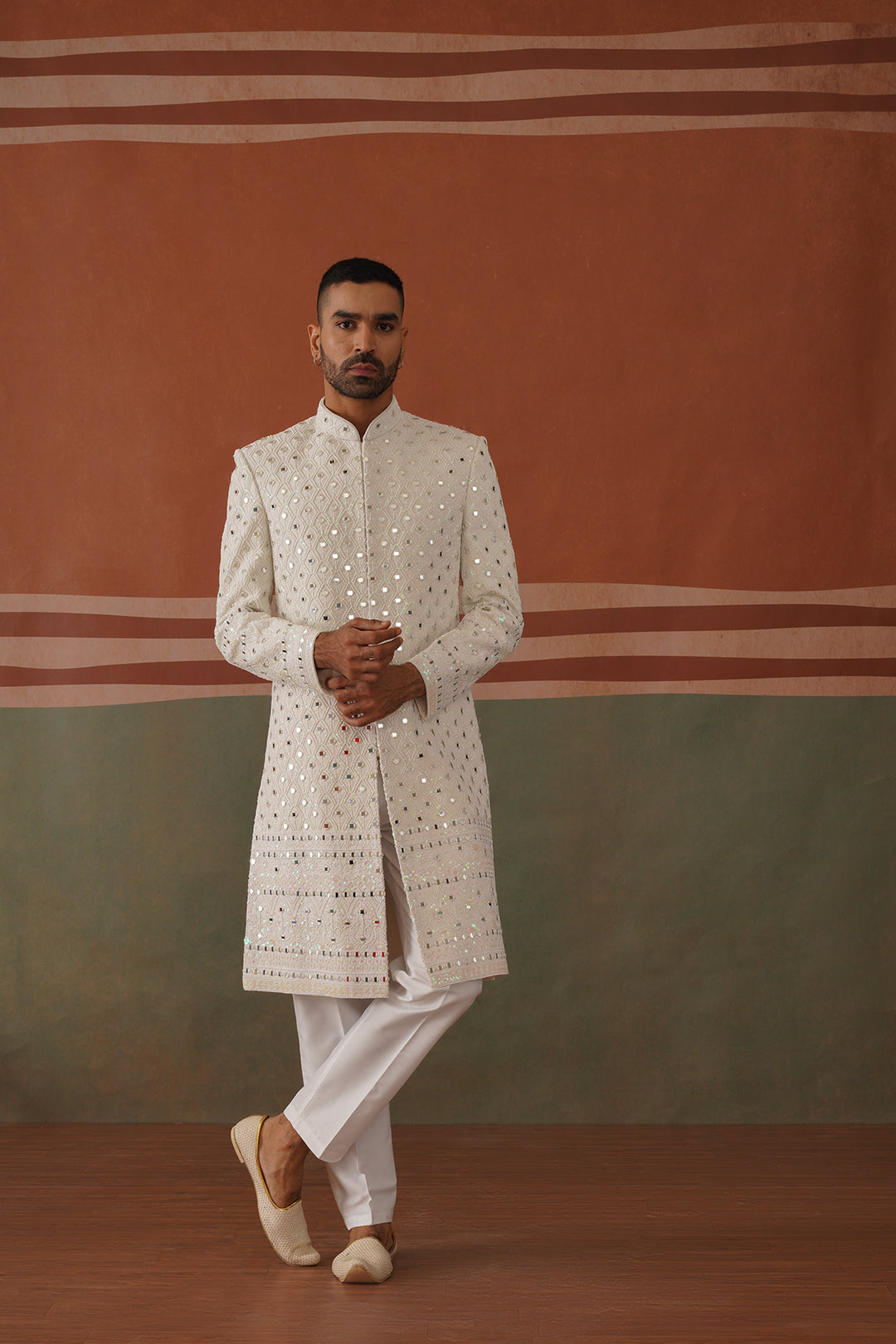Zafar - Real Mirror Work Sherwani Set Pearl White