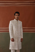 Kyran - Real Mirror Work Sherwani Set White