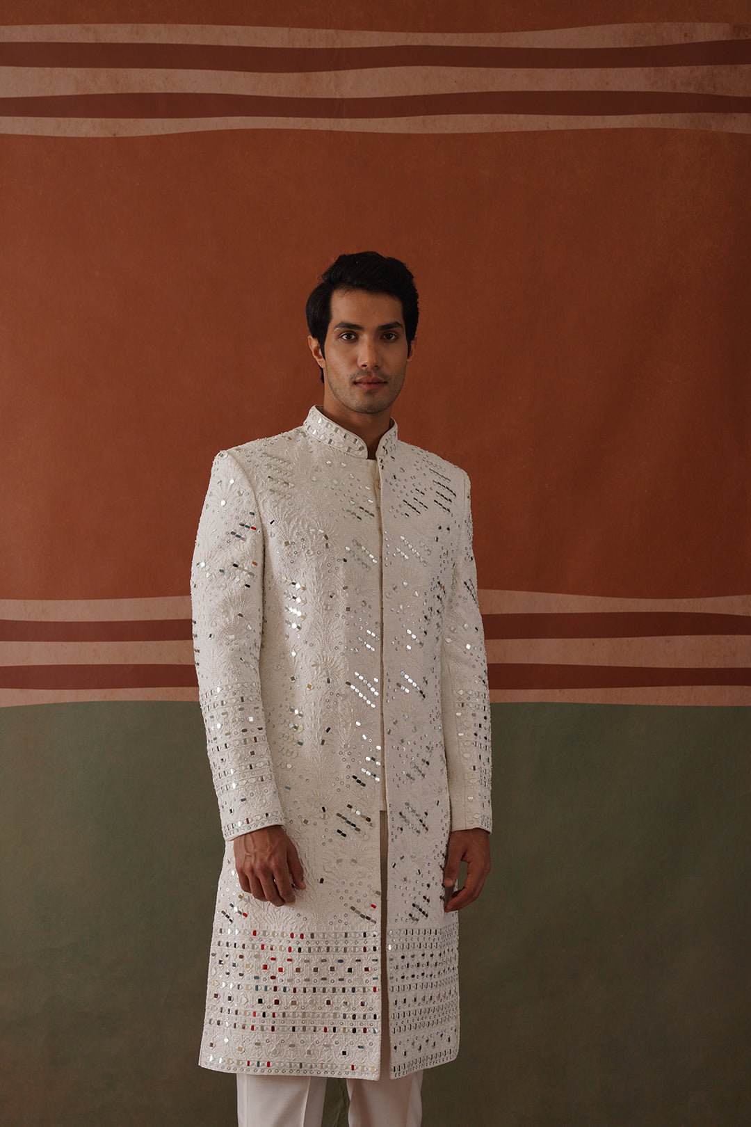 Kyran - Real Mirror Work Sherwani Set White