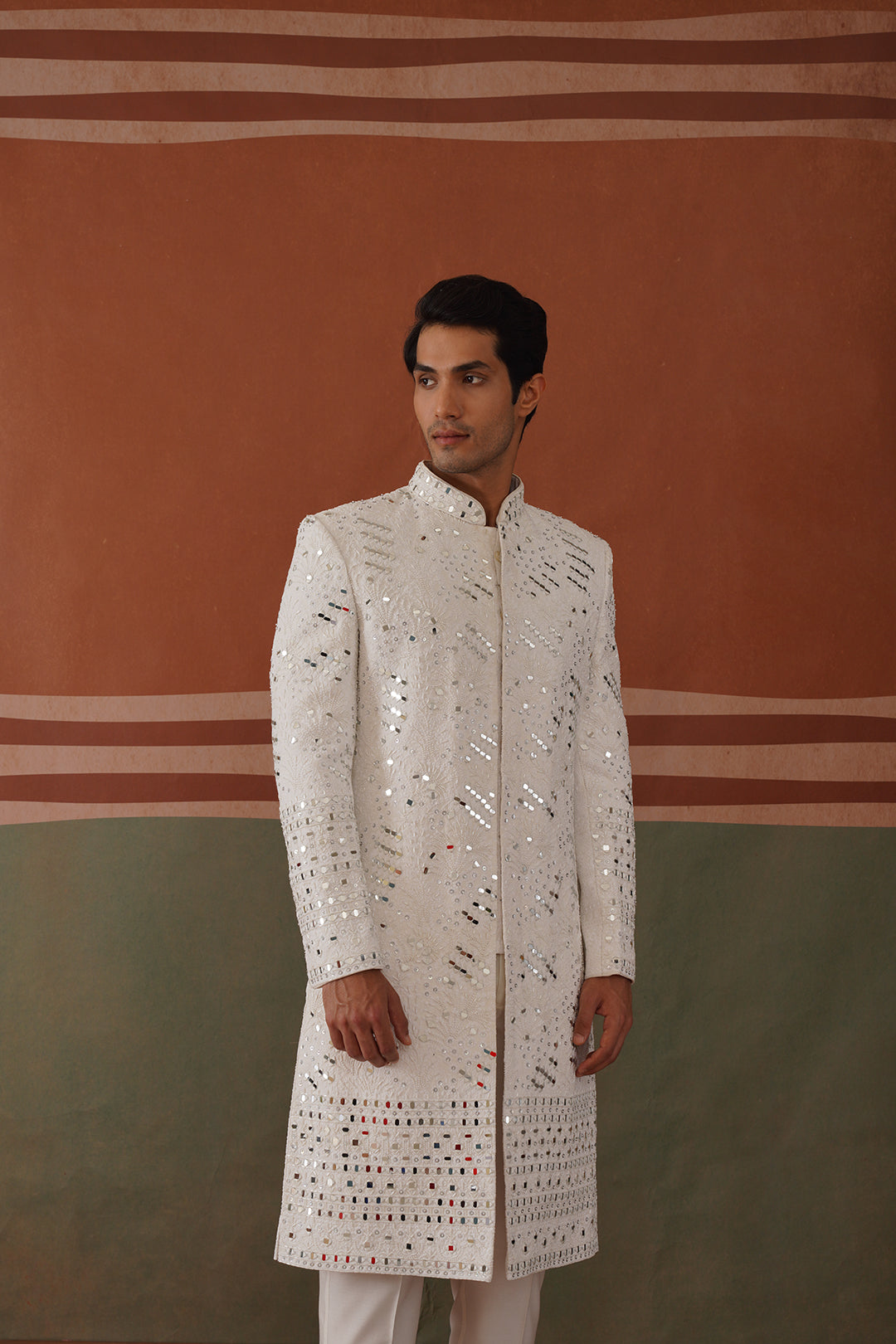 Kyran - Real Mirror Work Sherwani Set White