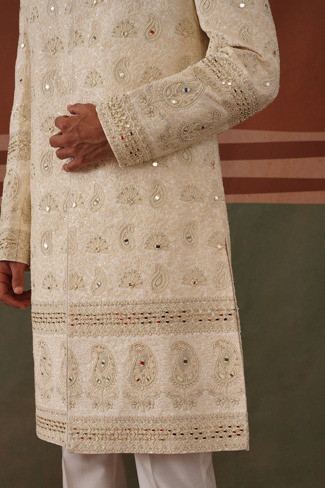 Shayan - Real Mirror Work Sherwani Set in Cream