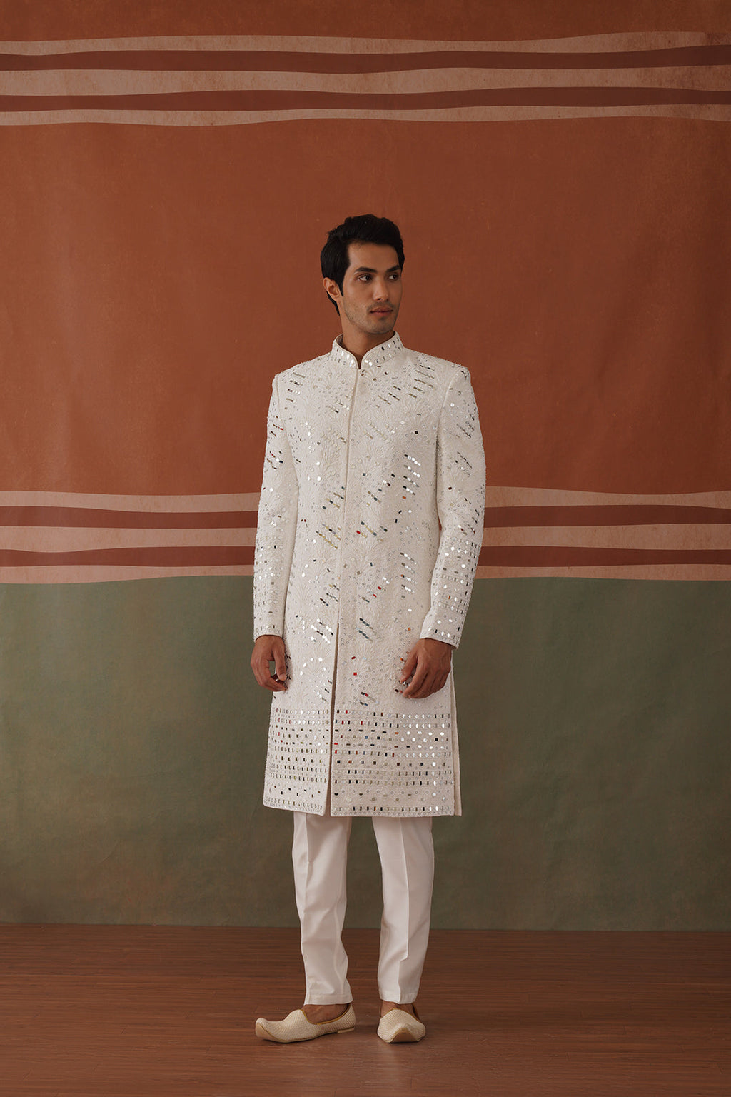 Kyran - Real Mirror Work Sherwani Set White