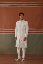 Kyran - Real Mirror Work Sherwani Set White