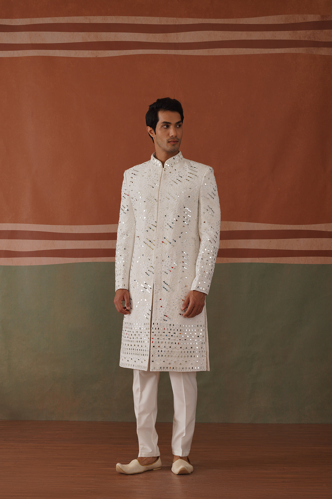 Kyran - Real Mirror Work Sherwani Set White
