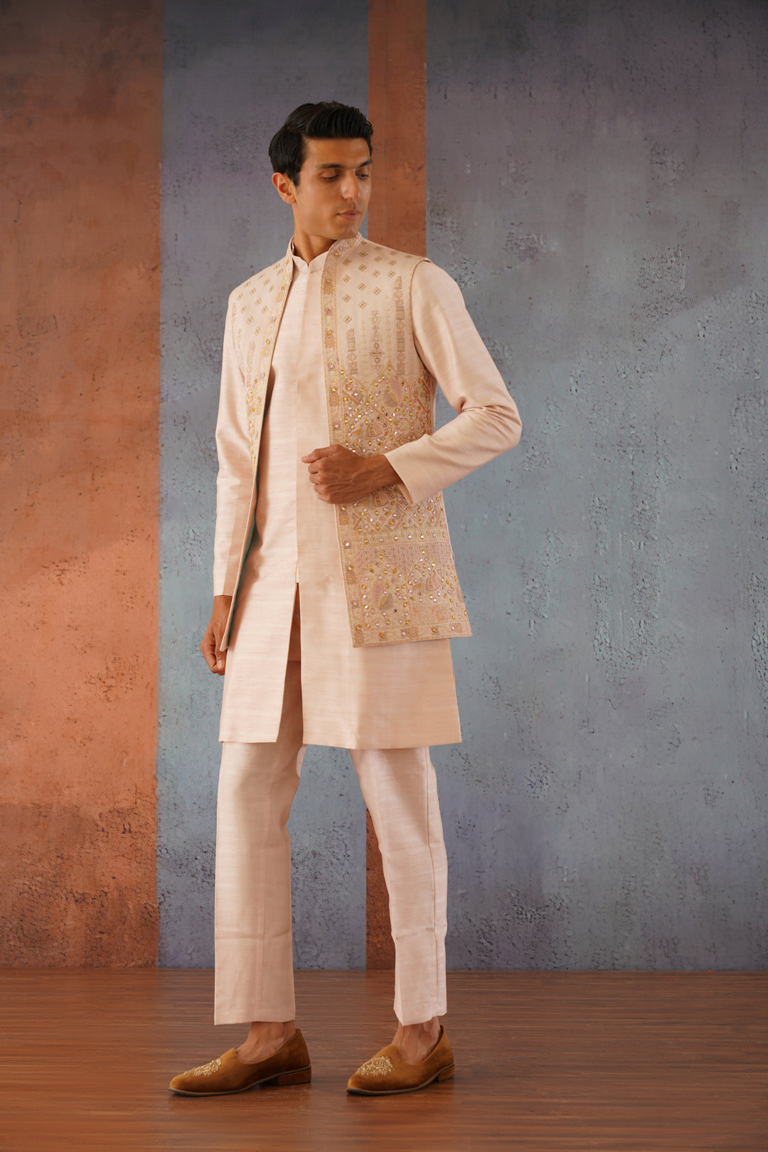 Zaviar - Pink Front Open Mirror Work Jacket Kurta Set