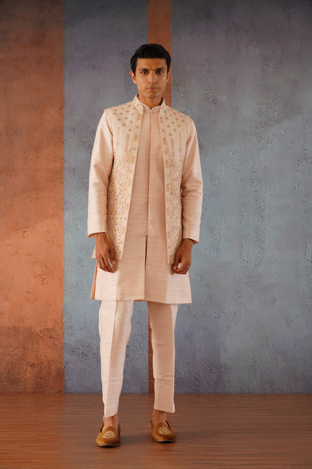 Zaviar - Pink Front Open Mirror Work Jacket Kurta Set
