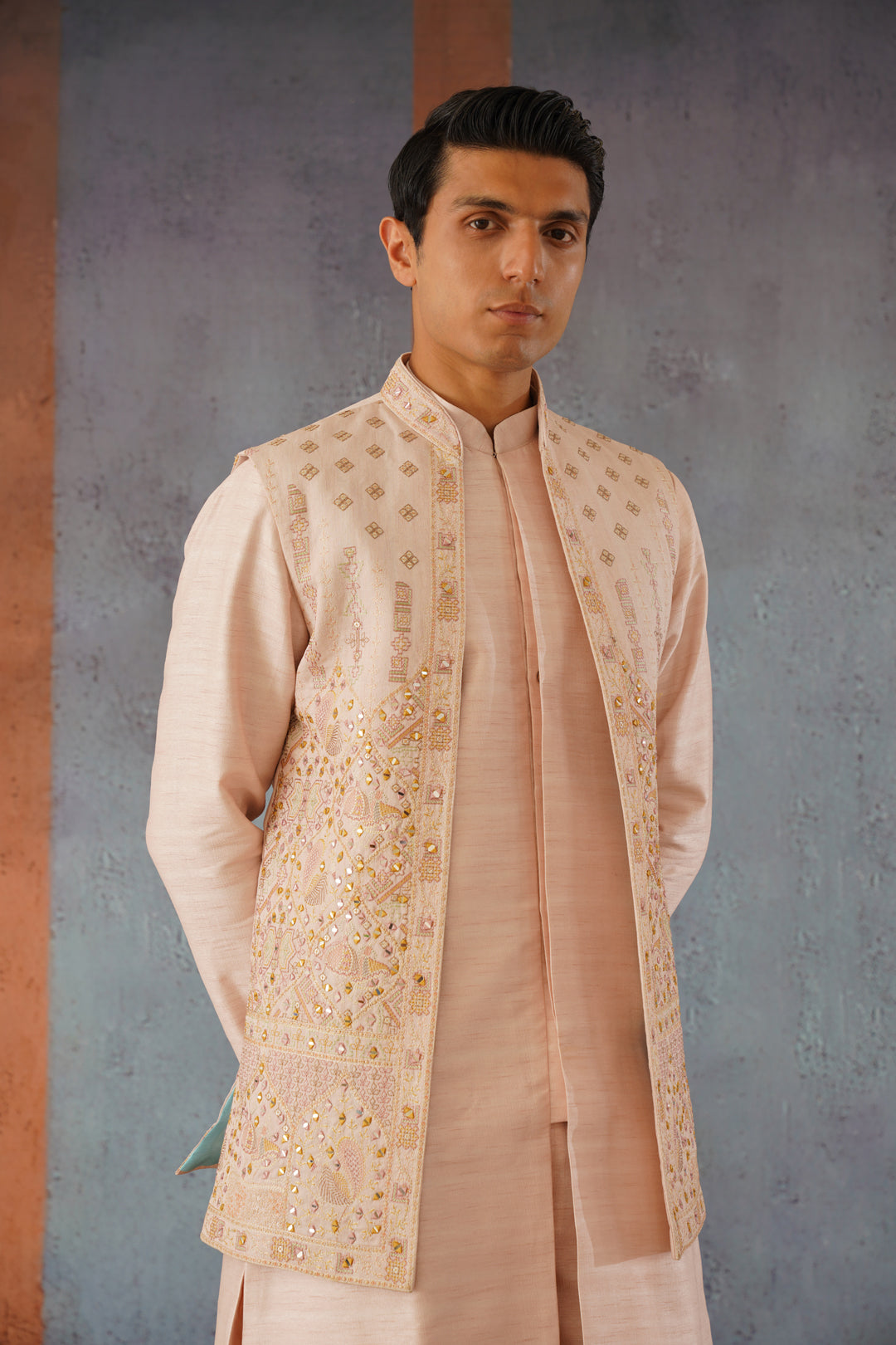 Zaviar - Pink Front Open Mirror Work Jacket Kurta Set