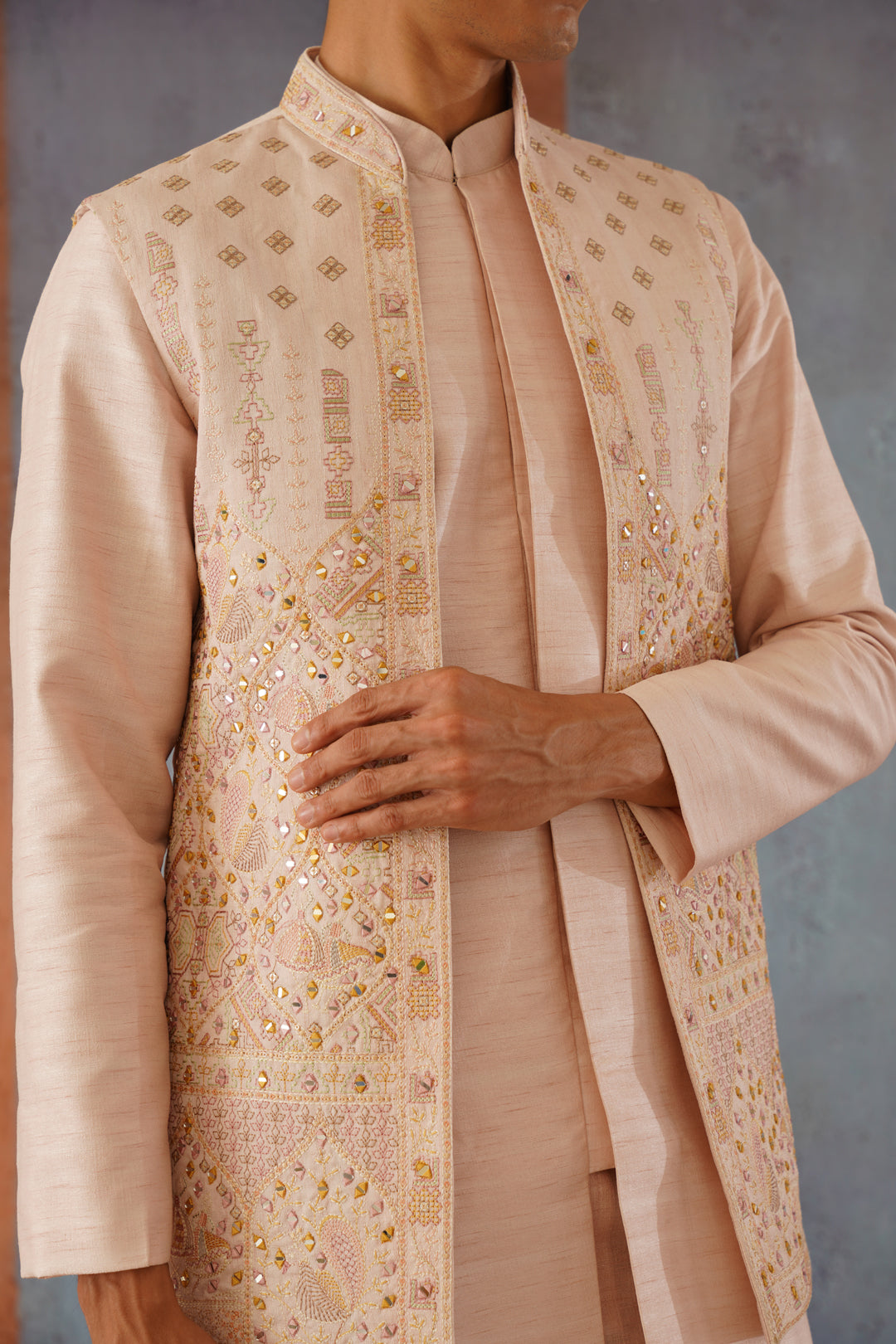 Zaviar - Pink Front Open Mirror Work Jacket Kurta Set