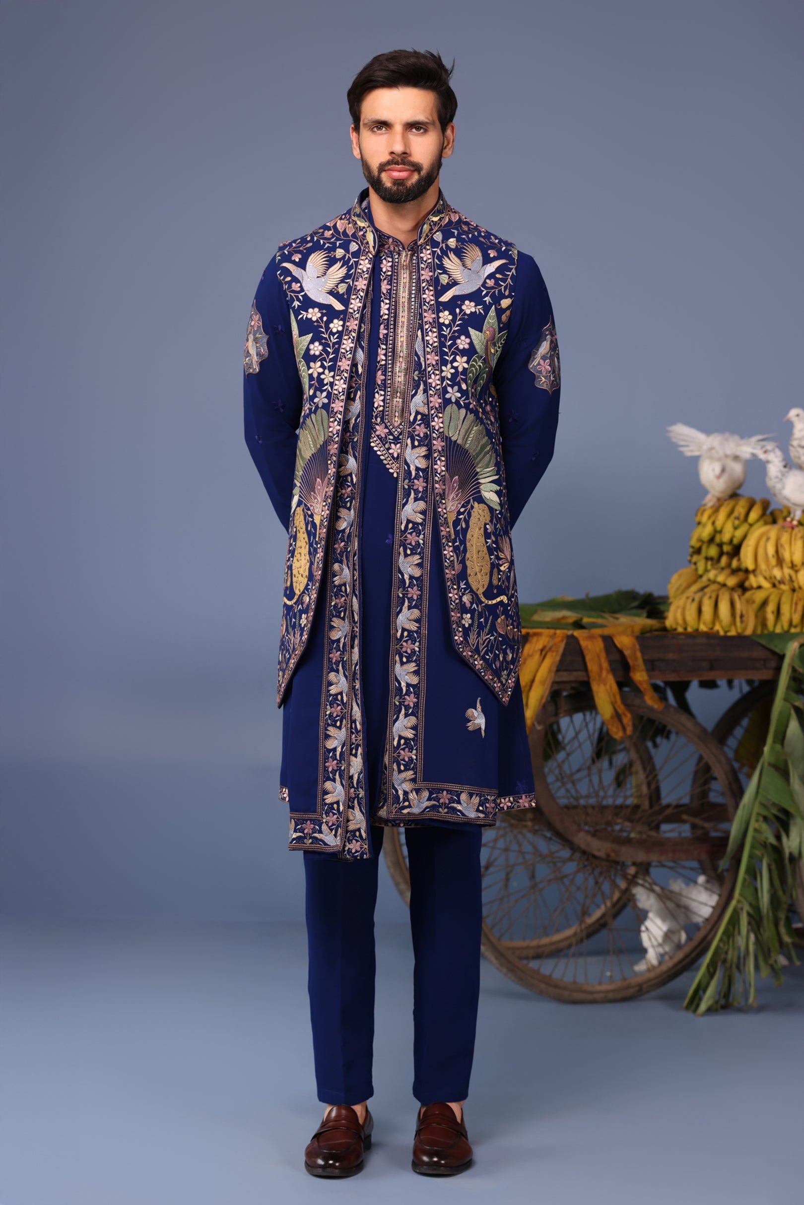Neil Nitin Mukeshin Faiz Wild Grace Navy Blue Kurta Jacket Set