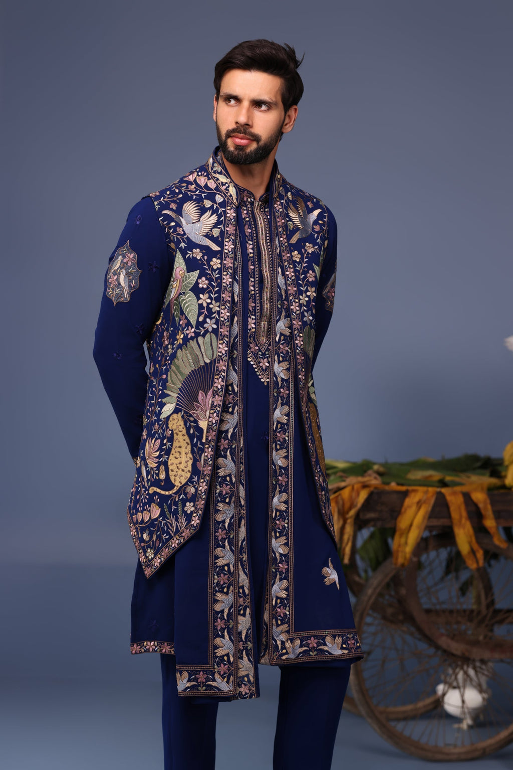 Neil Nitin Mukeshin Faiz Wild Grace Navy Blue Kurta Jacket Set