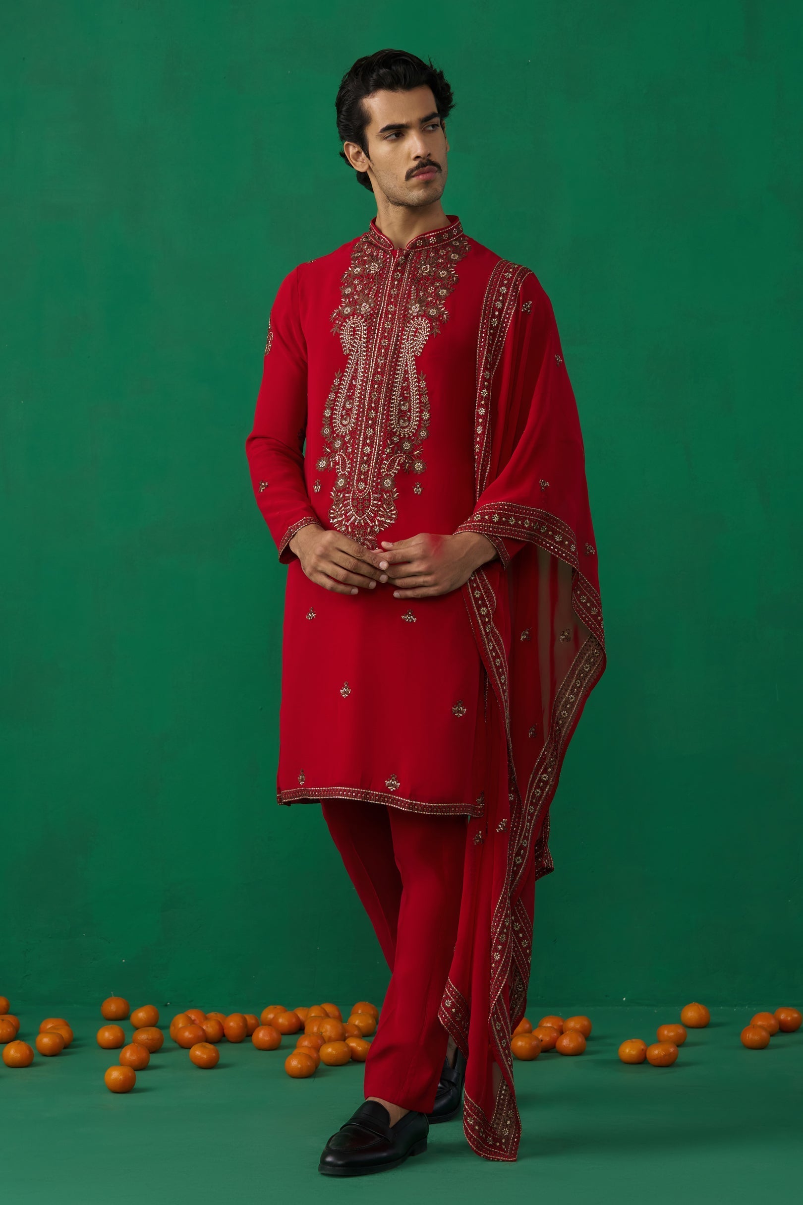 Parthiv Gohil IN ARABIC RED KURTA SET