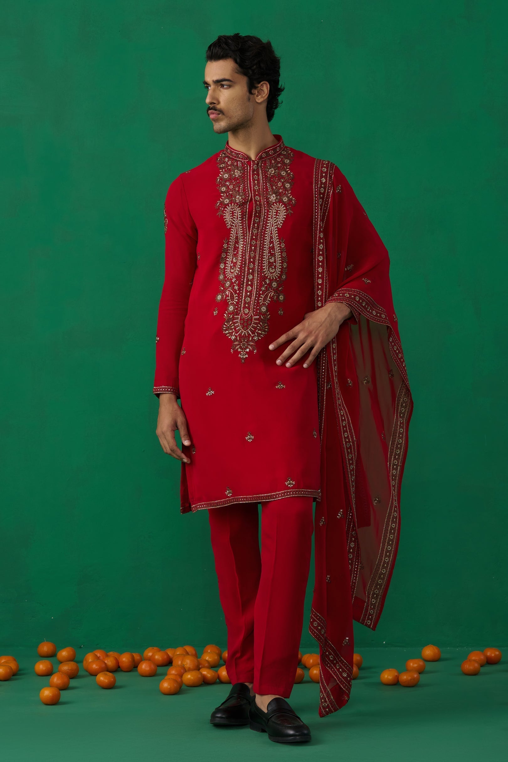 Parthiv Gohil IN ARABIC RED KURTA SET
