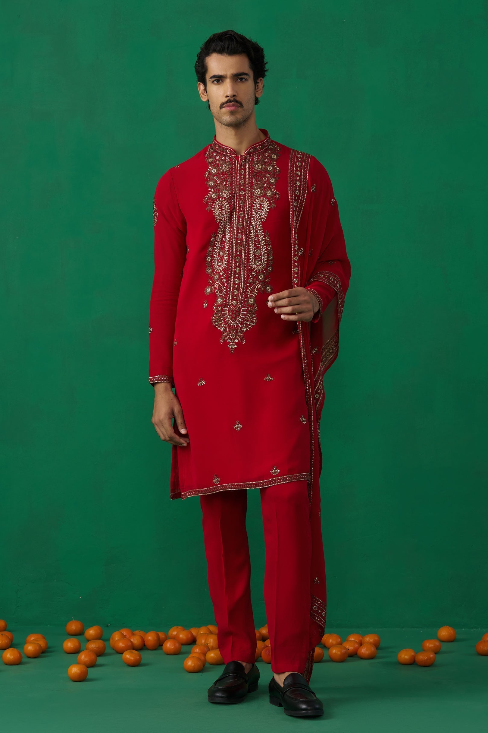 Parthiv Gohil IN ARABIC RED KURTA SET