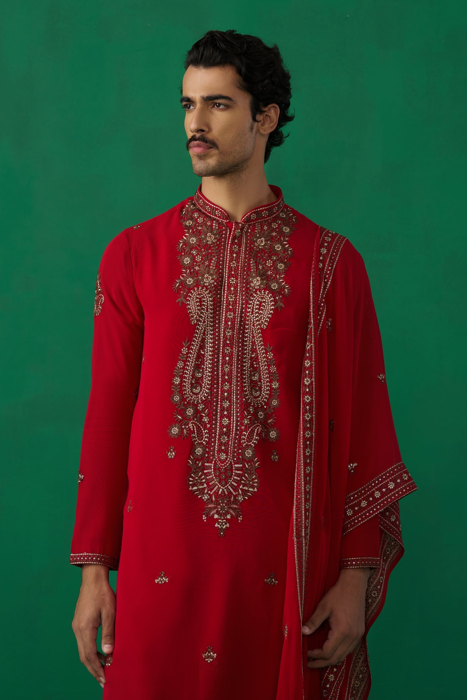 Parthiv Gohil IN ARABIC RED KURTA SET