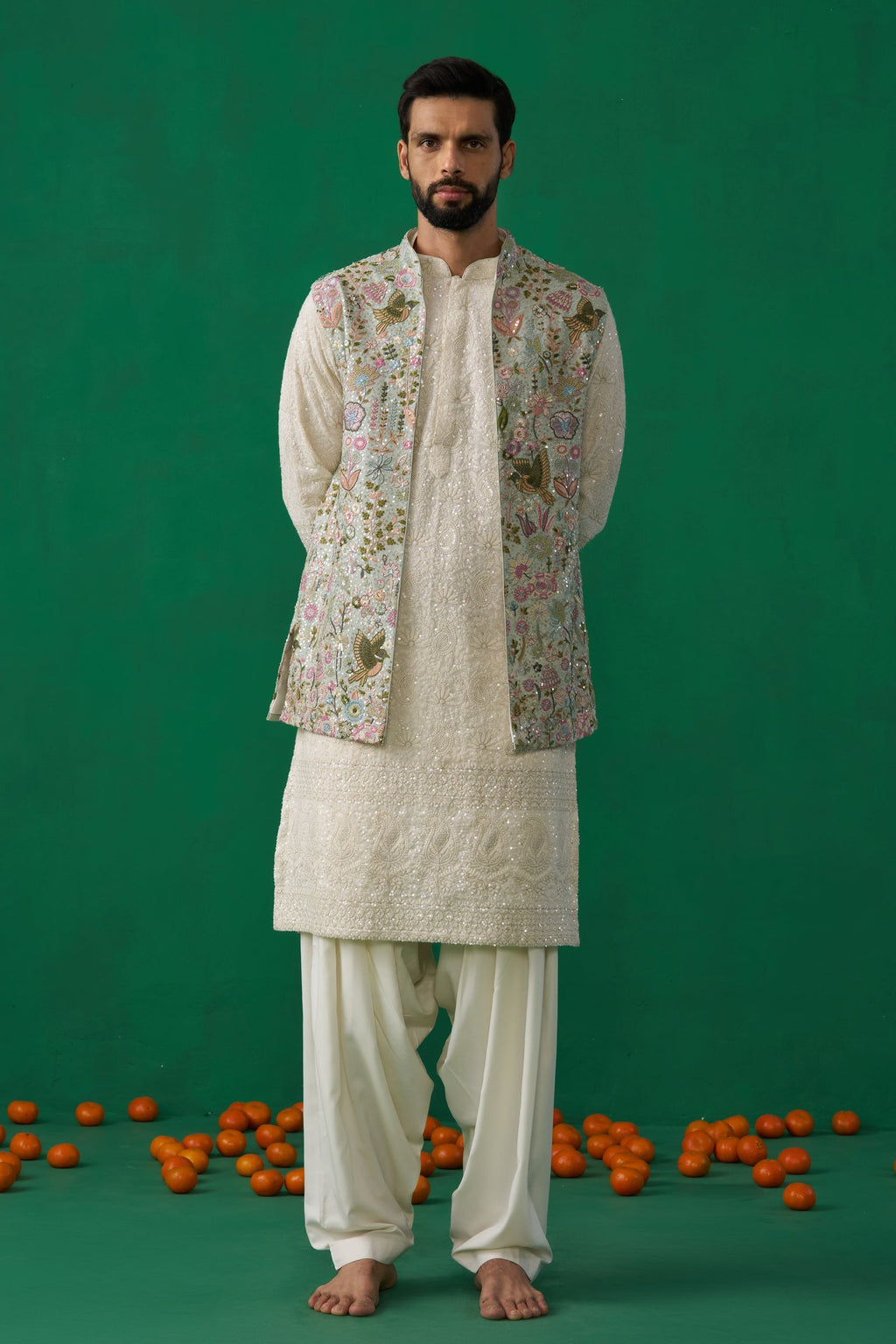 MAVERIC MAAZ IN PHOOLPANKH SKYBLUE KURTA JACKET PATIYALA SET