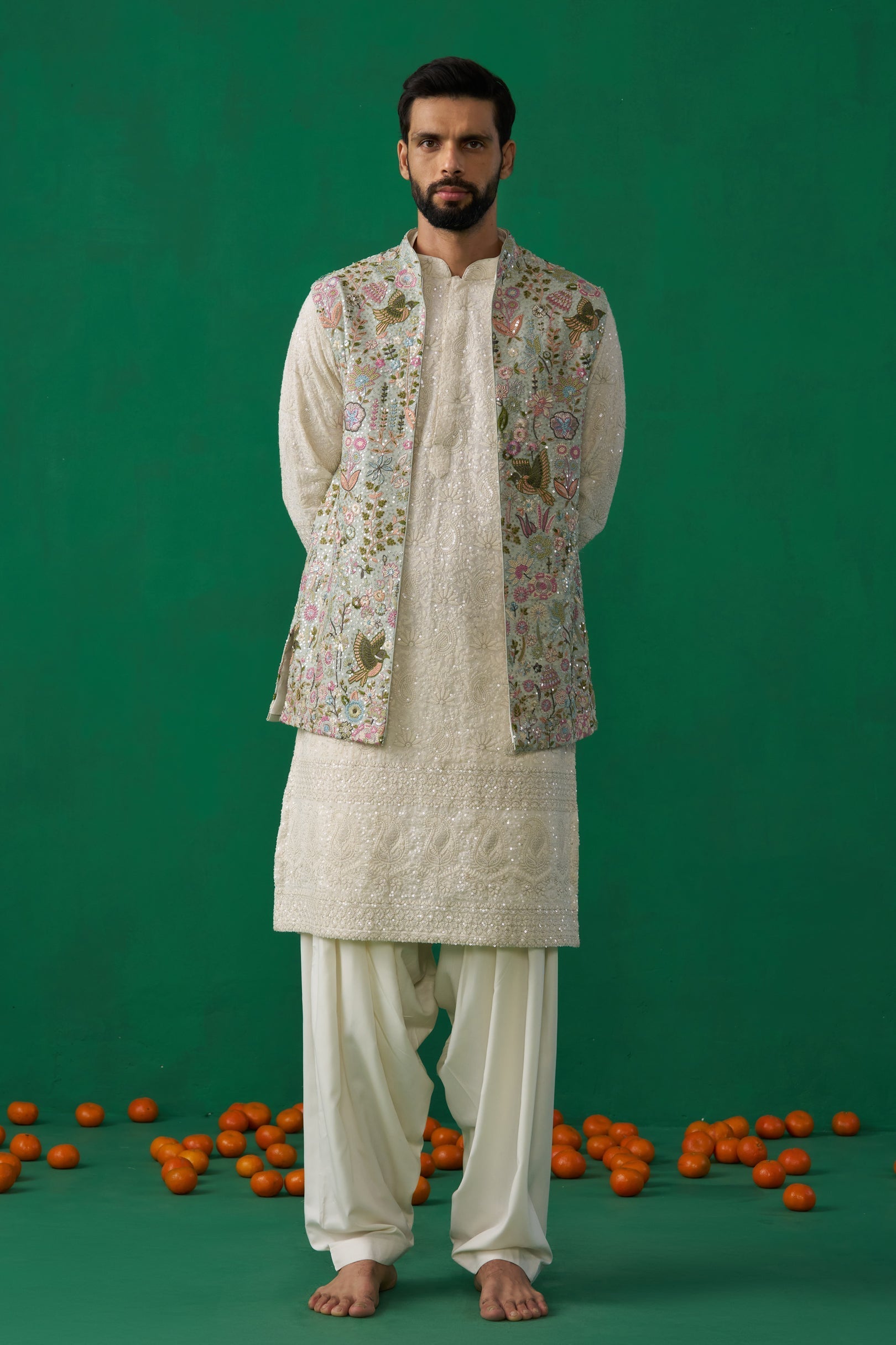 MAVERIC MAAZ IN PHOOLPANKH SKYBLUE KURTA JACKET PATIYALA SET