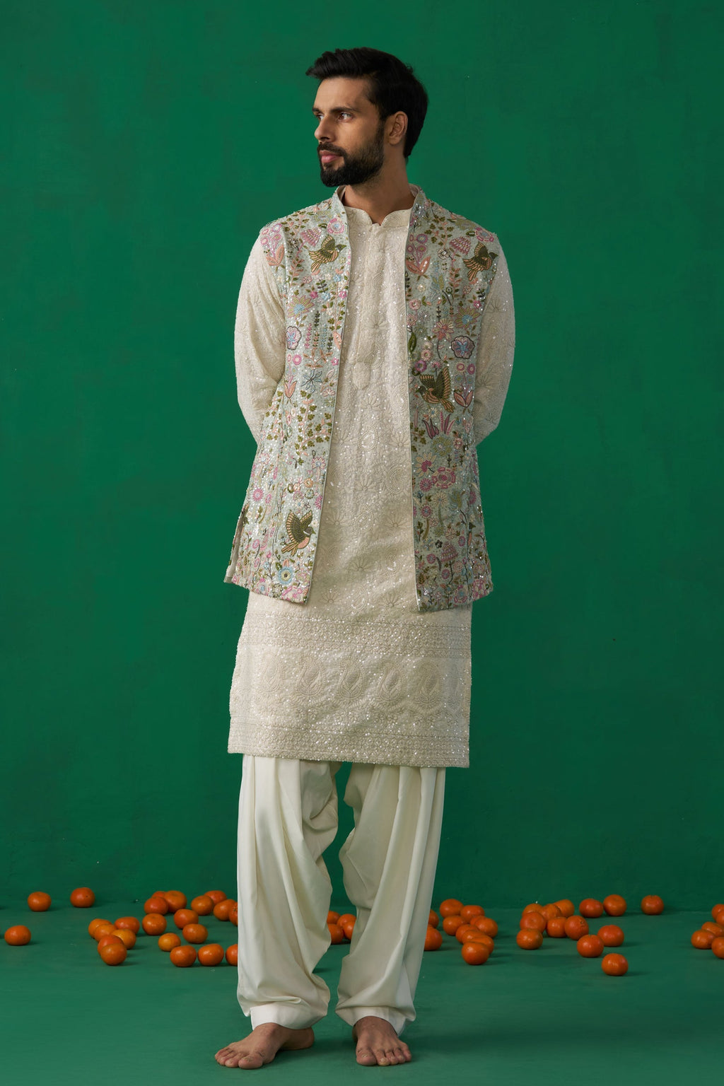 MAVERIC MAAZ IN PHOOLPANKH SKYBLUE KURTA JACKET PATIYALA SET