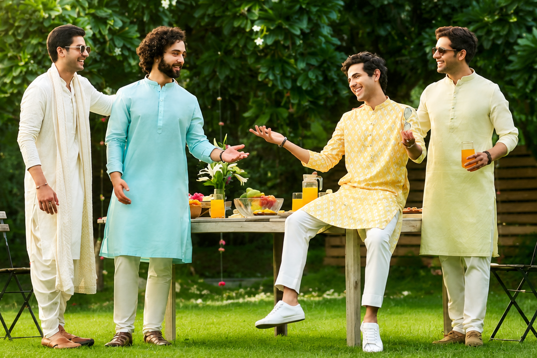 Four men in traditional South Asian attire standing and sitting on a green lawn in front of a lush garden background. They are wearing light-colored kurta sets in cream, light blue, yellow, and beige, with one man holding a glass of orange juice.